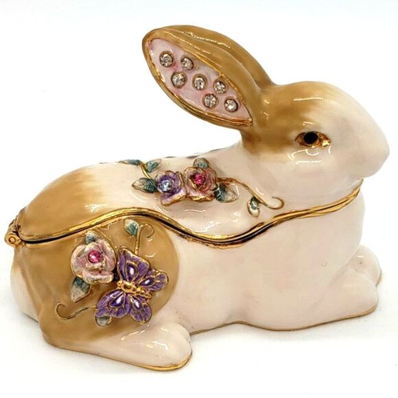 Enamel Vintage Floral Butterfly Bejeweled Rabbit Hinged Trinket Box - Picture 2 of 10